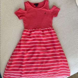 Salmon pink nautical peek-a-boo shoulder dress